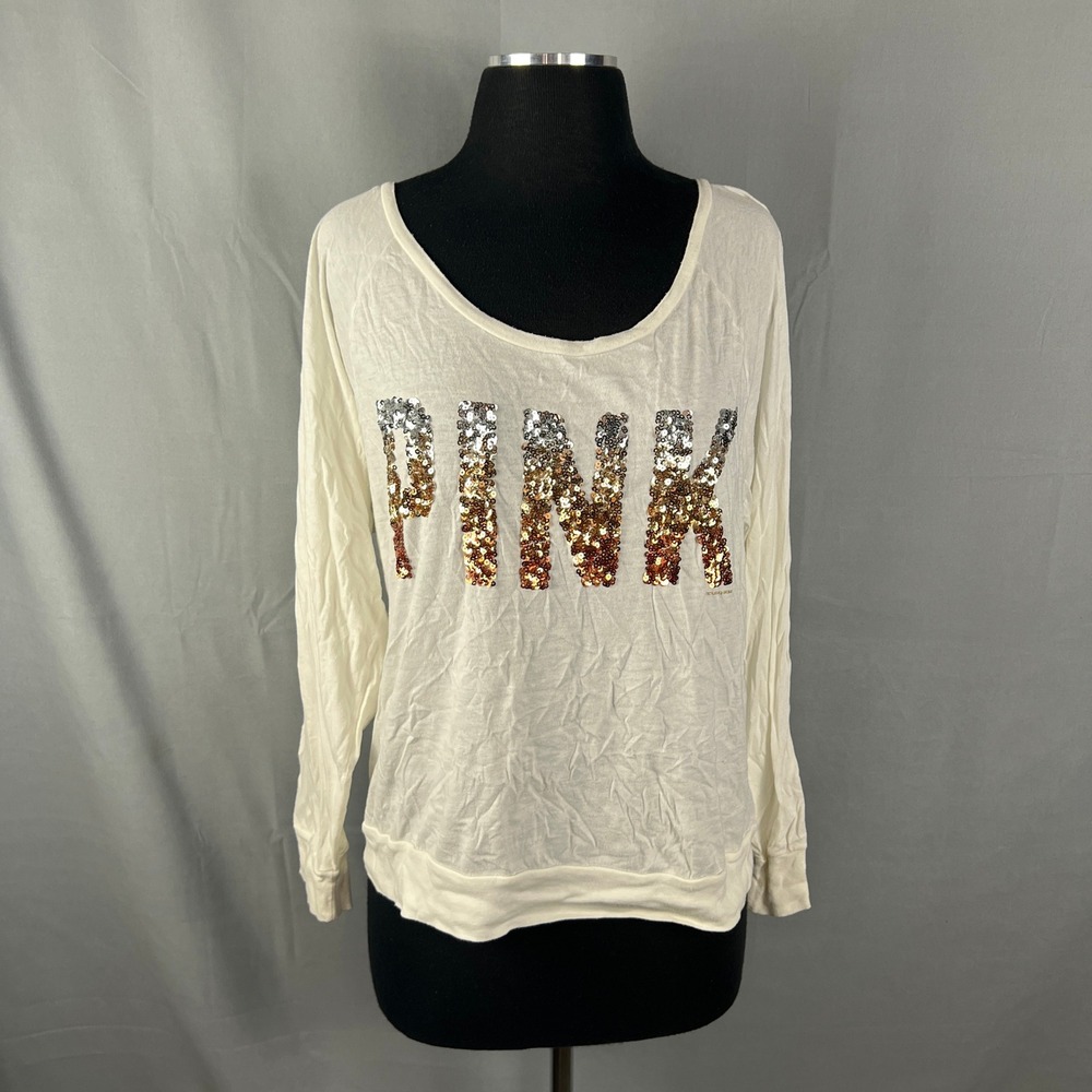 Victoria's Secret Pink T Shirt Womens L Beige Sequin Logo Cotton Raglan Sleeve